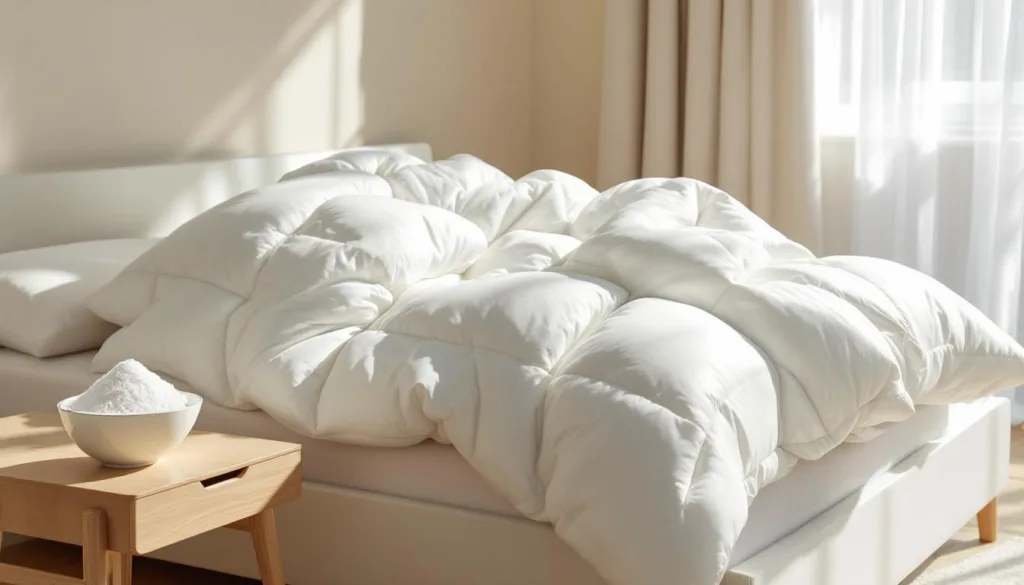 scopri un metodo semplice e naturale per pulire il piumone senza lavatrice né lavanderia, utilizzando solo bicarbonato.
